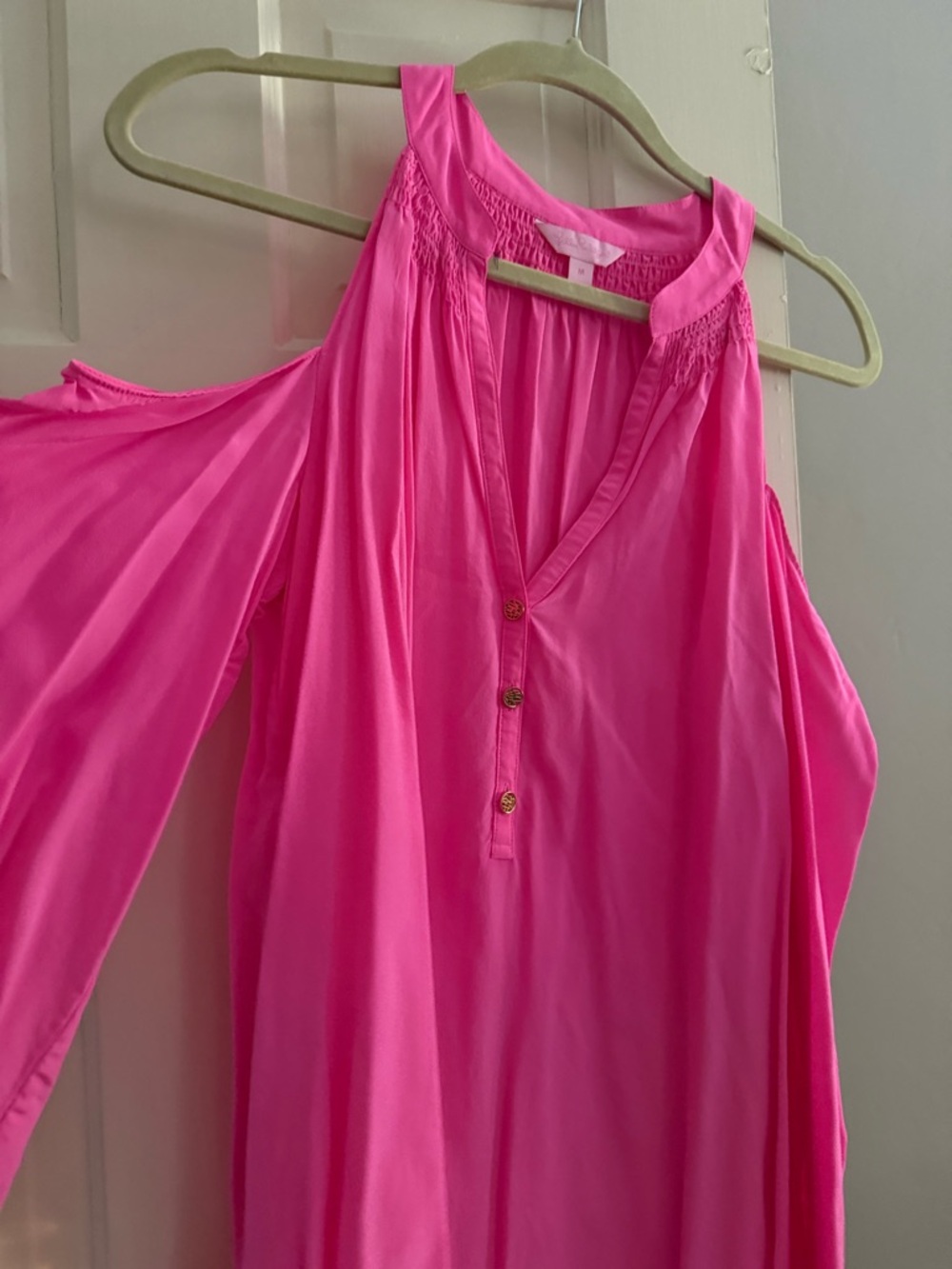 Lilly Pulitzer Hot Pink Smocked-Yoke Blouse size M. Cold shoulder